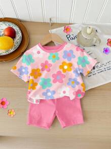 SHEIN Bộ 2 áo thun tay ngắn cổ tròn rộng rãi cho bé gái và quần short bó, họa tiết Dopamine hoa nhiều màu sắc dễ thương, màu hồng kem, thoải mái, dễ chịu, mát mẻ, trang phục thường ngày, quần áo họa tiết trẻ em, trở lại trường - Nhiều màu - Xem 3
