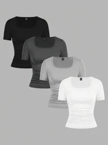 SHEIN EZwear 4件套休闲简约纯色圆领短袖T恤女款，黑色、深灰色、碎花灰色、白色，适合春夏季 - 彩色 - 查看 13