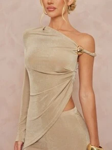 Lumalex Fall Modest Old Money Coquette Glitter Holiday Party Outfit Rave Festival Outing  Swim Vacation Bohemian BOHO Sea Beach Hot Outdoor Richly Layered Wedding Season Banquet Coming Of Age Ceremony Beach Seaside 2pcs Women Elegant Plain Color Oblique Shoulder Ruched Top And Pants Set - Khaki - View 7