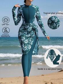 Swim Mulvari Women's One-Piece Swimsuit, Wireless, Random Print, Three-Piece Set, Solid Color Splicing Floral Conservative Swimsuit, With Shorts, And Mesh Skirt Summer - Multicolor - View 1