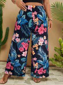Travachic Plus Size Women's Tropical Plant Print Loose Wide Leg Pants, Suitable For Vacation Women Wide Leg Pants Floral Wide Leg Pants Tropical Print Wide Leg Pants Palazzo Pants Women Wide Leg Summer Pants - Multicolor - View 3