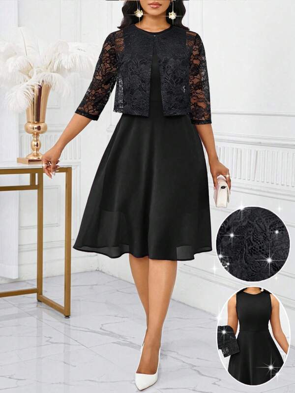 SHEIN Lady Conjunto de 2 piezas de vestido y blusa sin mangas de unicolor y encaje para mujer, ideal para verano, cumpleaños, eventos, oficina, iglesia, bodas y vacaciones
