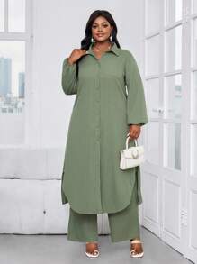SHEIN Lady 秋冬休闲优雅工作军绿色梭织衬衫领主教袖口袋长袖加大码套装女士办公室服装女士休闲套装秋季女装女士冬季服装教堂服装女士商务休闲冬装秋装 - 綠色 - 查看 7