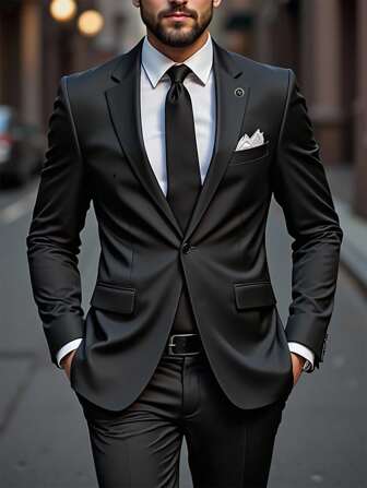 Manfinity Mode Men's Plus Size Simple Solid Color Suit: Long Sleeve Jacket And Pants For Summer Fashion Men's Clothing Men's Dress Clothing Men's Suit Men's Dress Clothing Men's Formal Dress Clothing Men Black Dress Outfits Slim Fit Wedding Suits For Men Black Prom Blazer Men