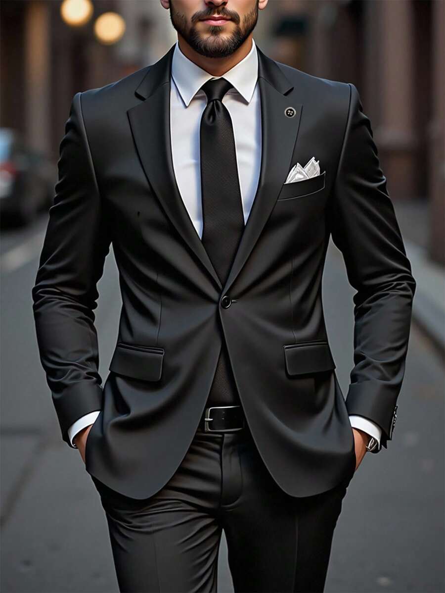 Manfinity Mode 男士大码简约纯色西装：长袖夹克和裤子，适合夏季时尚男装，男士正装，男士西装，男士正装，男士正装