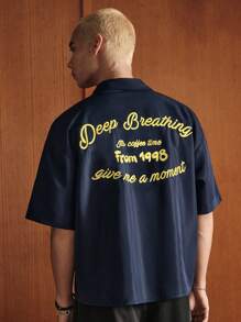 SWAVVY Men's Summer Casual Streetwear Embroidery Dropped Shoulder Loose Shirt - Blue - View 4