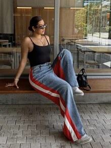 Dripcurv Plus Size Contrast Striped Print Pocket Casual Wide Leg Jeans