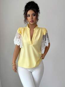 Elenzga 女士时尚蕾丝拼接袖V领衬衫 - 黃色 - 查看 4