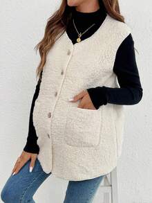 SHEIN Chaleco casual de bolsillos de un solo pecho de unicolor para maternidad en otoño e invierno - Blanco - Ver 4