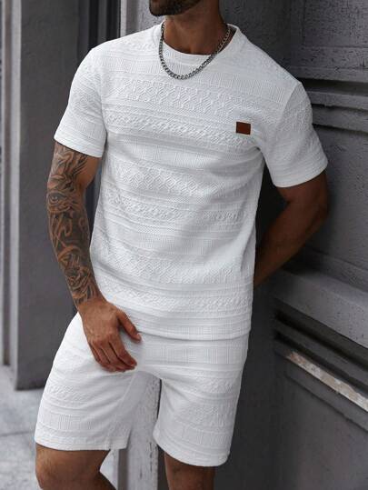 Manfinity CasualCool Plus Size Men's Casual Solid Color Textured T-Shirt & Shorts Set, Summer
