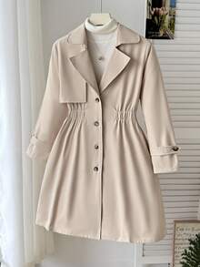SHEIN Jaket Trench Coat Panjang Berkerah Warna Polos Longgar Kasual untuk Anak Perempuan Remaja, Warna Beige, Mantel Lucu, Pakaian Musim Gugur/Dingin - Khaki - View 1