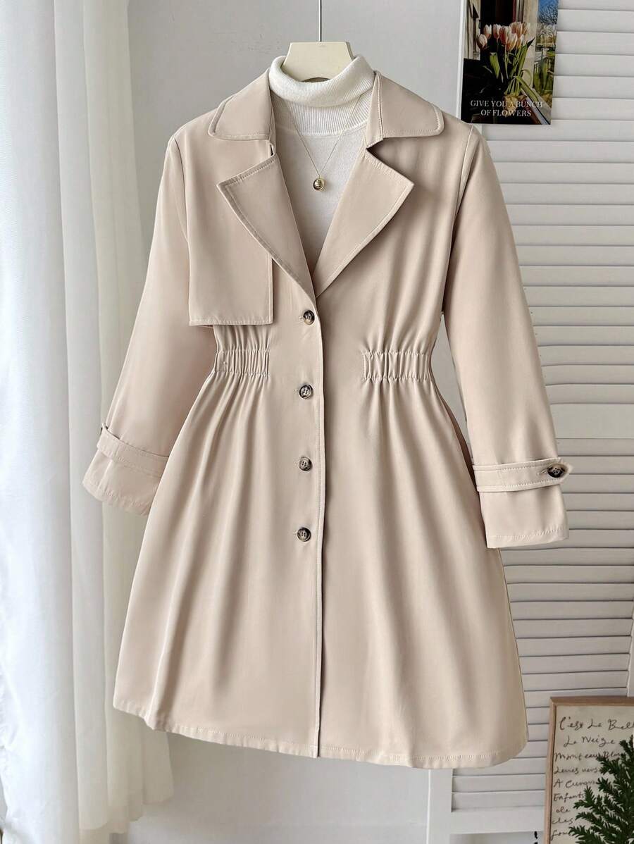 SHEIN Jaket Trench Coat Panjang Berkerah Warna Polos Longgar Kasual untuk Anak Perempuan Remaja, Warna Beige, Mantel Lucu, Pakaian Musim Gugur/Dingin - Khaki - View 1