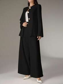 Heiryn Bộ 2 món áo khoác và quần bó màu trơn thanh lịch dành cho nữ khi đi làm vào mùa thu - màu đen - Xem 5