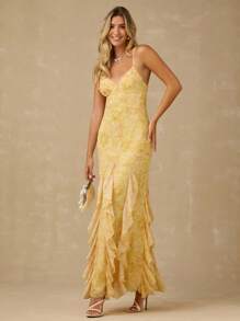 Enchnt 女式细肩带 V 领无袖荷叶边下摆优雅夏装 - 黃色 - 查看 1