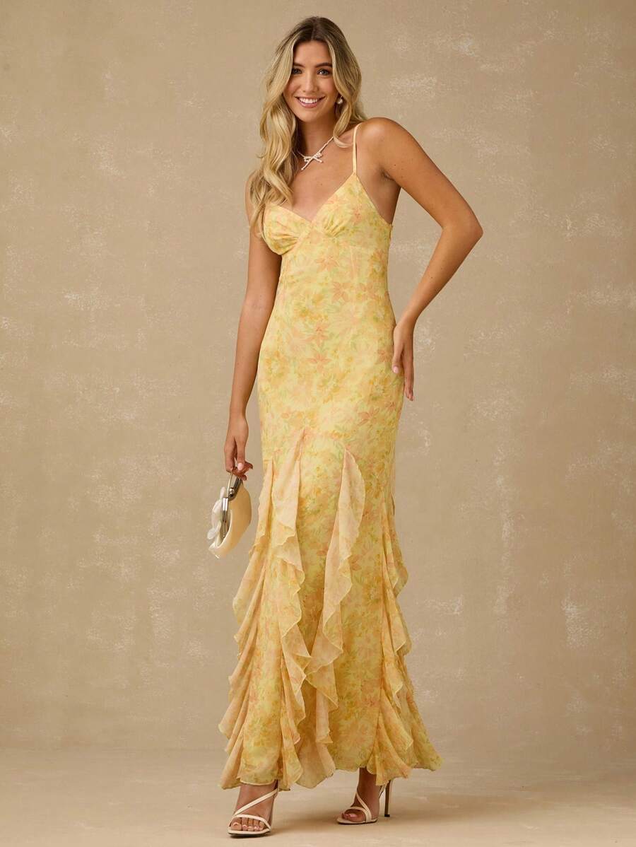 Enchnt 女式细肩带 V 领无袖荷叶边下摆优雅夏装 - 黃色 - 查看 1