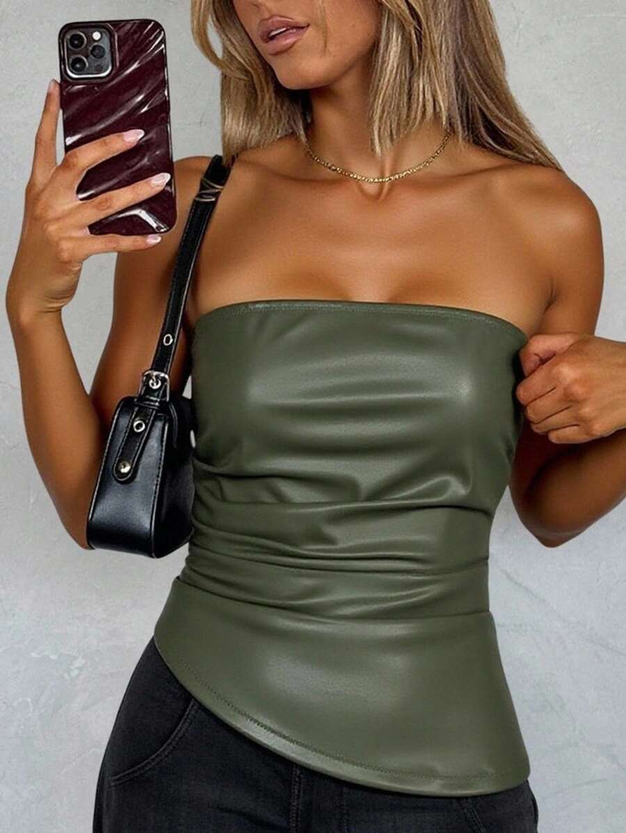 Siren Gaze Women's Leather Top Fashionable Ruched Asymmetric Hem Tube Top, Suitable For Going Out And Parties Top Summer Green Casual Christmas - Army Green - View 1