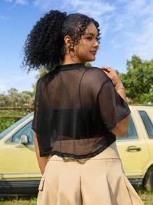 SHEIN EZwear Plus Size Women's Round Neck Short Sleeve See-Through Mesh Black Fashionable Streetwear Pullover Top, For Summer - Black - View 2