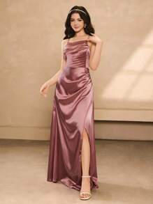 Vestido largo con abertura, cintura plisada de satén para bodas y Halloween, vestido formal para baile de graduación, fiesta de cumpleaños para adolescentes y niñas
