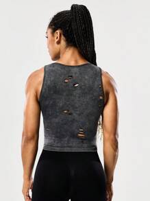 SHEIN Sports Charcoal Gray Women's Seamless Yoga Tank Top,Distressed Hollow-Out Design Matte Finish Crop Workout Top,Summer Athleisure Gym Wear For Running - Multicolor - View 2