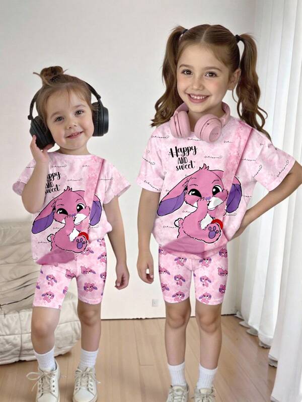 Girls Kids Casual Fashionable Tie-Dye Contrast Color Rabbit Design Cute Cartoon Print Leisure Short Sleeve T-Shirt And Bike Shorts Set
