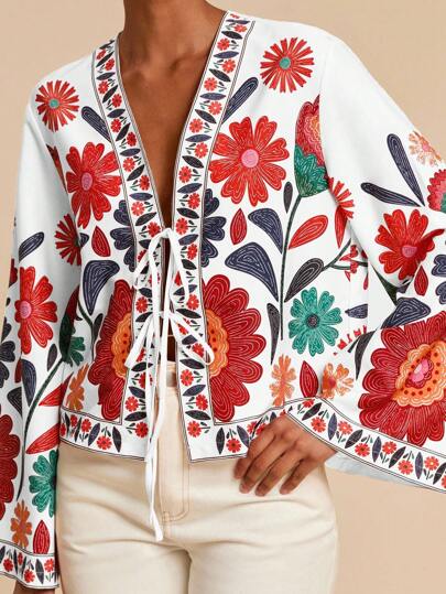 Travachic Boho Style Floral Print V-Neck Woven Fabric Top For Women With Long Flare Sleeves Floral Cardigan Women Printed Cardigan Women Cardigan,Going Out,Vacation Style,Casual Summer Vacation Woman,Bohemia Beach Vacation,Boho Chic,Holiday Festival,Beach For Woman
