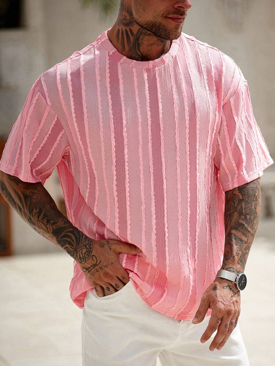 Manfinity RSRT 男士休闲度假风 INS 圆领短袖 T 恤，完美适用于夏威夷海滩度假、音乐节和日常穿着。 - 粉色 - 查看 1