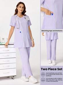 TaskEZ 蕾丝拼布休闲宽松多口袋上衣和高腰直筒裤/女士护理手术制服套装女士手术服套装女士服装 2 件护士手术服套装女士 - 紫色 - 查看 1
