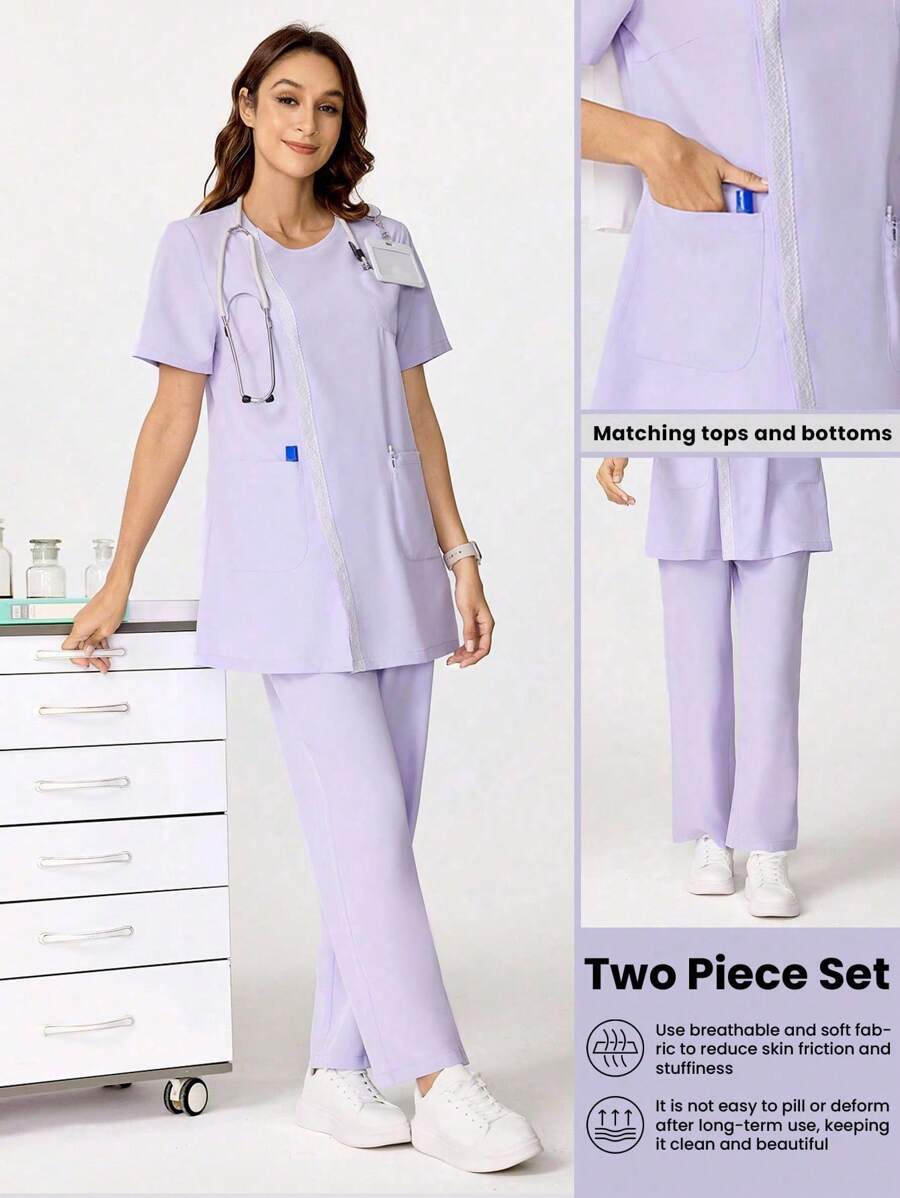 TaskEZ 蕾丝拼布休闲宽松多口袋上衣和高腰直筒裤/女士护理手术制服套装女士手术服套装女士服装 2 件护士手术服套装女士 - 紫色 - 查看 1