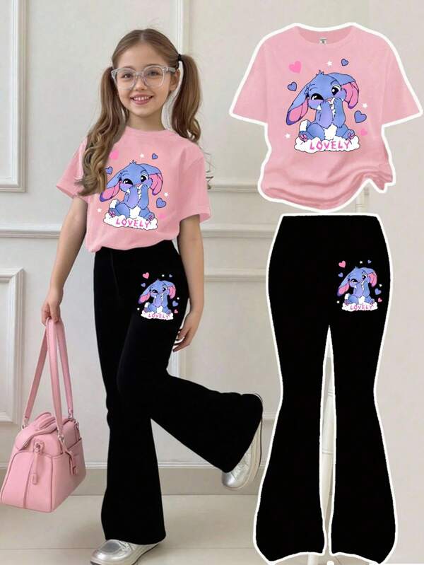 Lovely Multicolor Round Neck T-Shirt And Pants Set For Girls In Comfortable Knit Fabric Girls Bell Bottom Outfit Girls Pant Sets Flare Pants Set Kids Kids Flare Pants Set