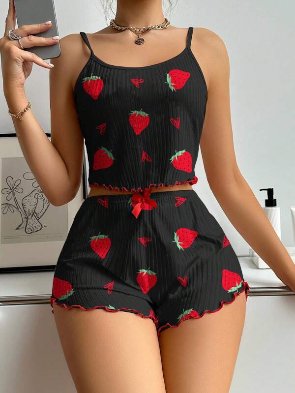 Women's Strawberry Print Camisole And Shorts Pajama Set Strawberry Print Two Piece Set Strawberry Short Sets For Women Two Piece Set Women Summer Two Piece Night Set
