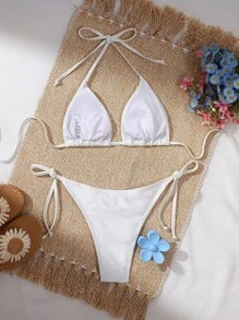 Swim Mod Conjunto de bikini de verano con Top de unicolor con estampado floral y espalda descubierta, y bikini con lazo lateral - Blanco - Ver 2