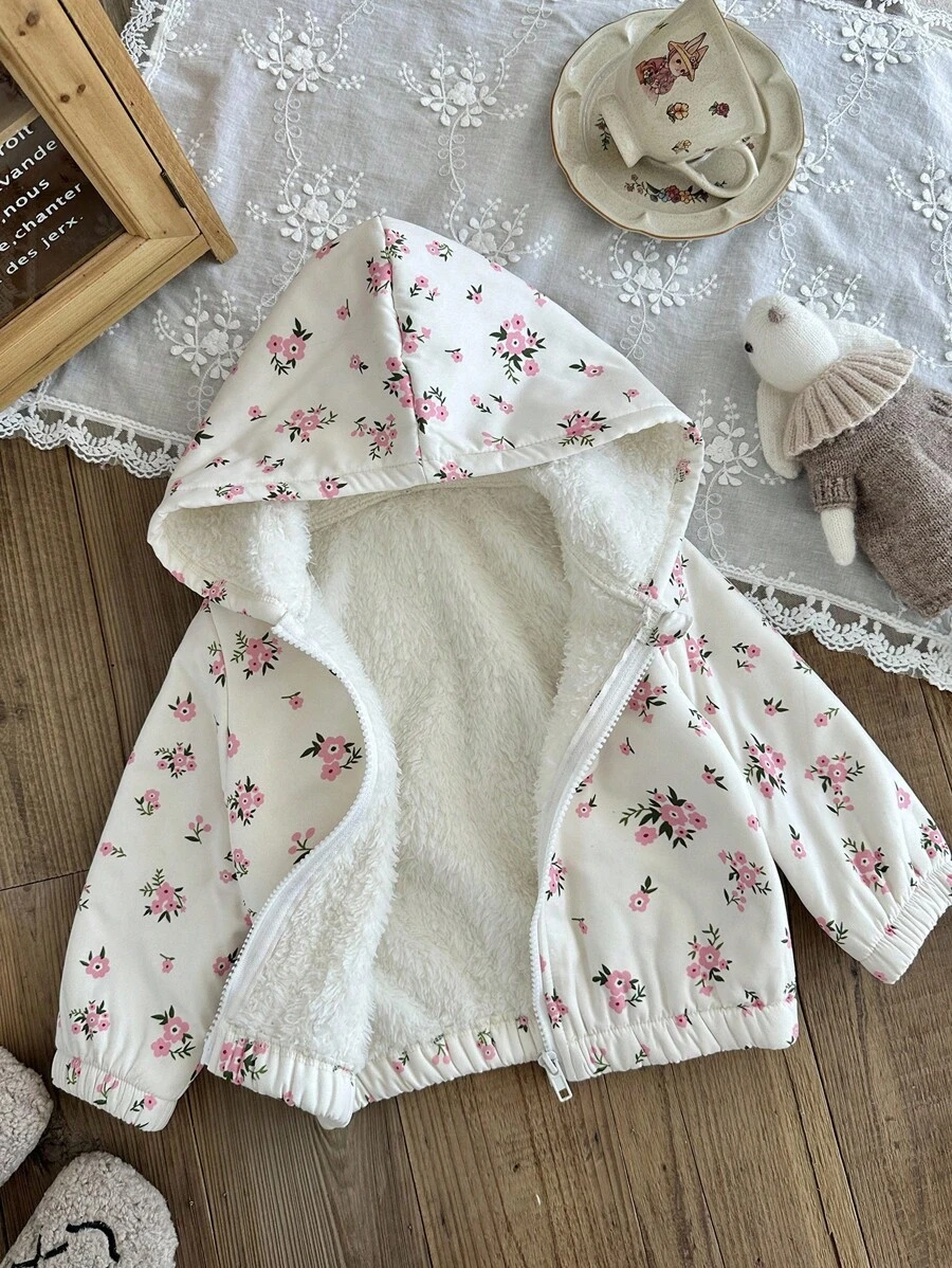 SHEIN Áo khoác trùm đầu lót lông dày dặn cho bé gái với họa tiết hoa dễ thương, áo khoác ngoài ấm áp thường ngày cho mùa thu/đông - trắng - Xem 1