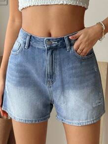 Livesso Pantalones cortos vaqueros azules de tiro alto y desgastados para mujer, nueva llegada, corte evasé, favorecedores para estatura baja, pantalones cortos de verano versátiles y de moda