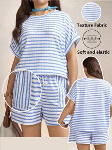 SHEIN LUNE Plus Size Women Striped Round Neck Batwing Sleeve Top And Shorts 2 Pieces Set,Blue And White Summer Smart Casual Holiday Office Outfits Fall Clothes - Blue and White - View 9