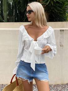 Livesso Women's Summer Backless Lace Patchwork Blouse,Babydoll Top Long Sleeve Top Vacation Boho - Beige - View 1