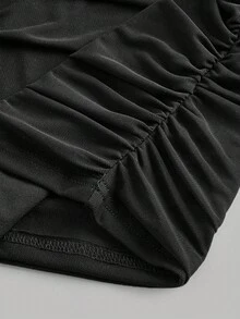 SHEIN 青少年女孩优雅正式针织纯色方领网眼喇叭袖褶饰长袖紧身连衣裙，适合秋季白色日常穿着 - 黑色 - 查看 4