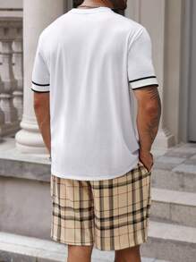 Manfinity Homme Plus Size Men's Plaid Pocket Short Sleeve T-Shirt And Drawstring Waist Shorts Casual Suit - Multicolor - View 2