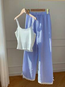 Comfortcana Women's Summer Casual Lace Trim Camisole & Striped Pants 2 Pieces Set,Back To School - Blue - View 2