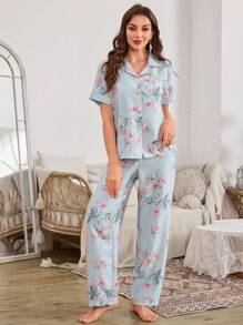Serenescape Ruffled Floral Print Short Sleeve Top & Long Pants Pajama Set Holiday Season - Baby Blue - View 5