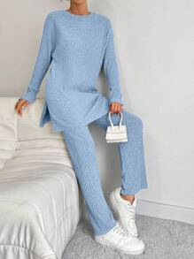 EURMUSE 100%Cotton Drop Shoulder Split Hem Tee & Pants - Baby Blue - View 3