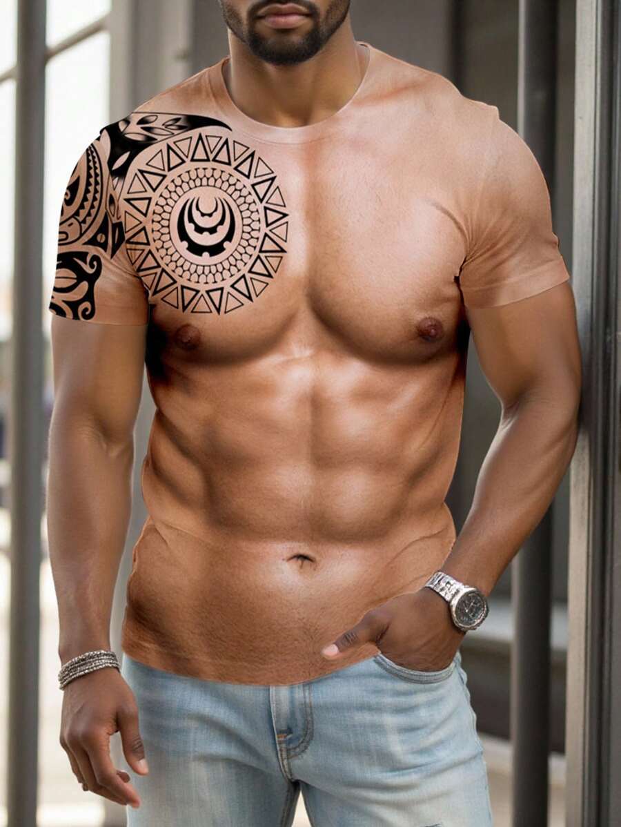 Manfinity Roughcore 男士夏季休闲街头海滩度假几何3D肌肉印花短袖T恤 - 彩色 - 查看 1