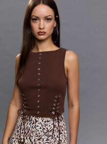 TypaGal A Punk Meets Streetwear Essential: This Brown Cropped Tank Features Silver Eyelets And Lace-Up Sides, Channeling DIY Energy And Attitude. Ideal For Layering Over Jeans, Shorts, Or Skirts To Build A Bold, Grunge-Infused Look. - Brown - View 1