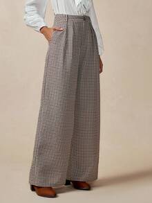 Florisole Women's Elegant Plaid Casual Retro Simple Straight Pants For Commuting Breezy Checks Season Fall Cloth For Women