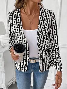 SHEIN Clasi Women's Casual Commuter Geometric Print Lightweight Jacket In Fall/Winter - Black and White - View 3