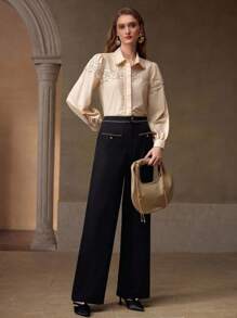 MOTF PREMIUM 撞色凸纹蕾丝优雅办公室长袖衬衫 - 杏色 - 查看 5