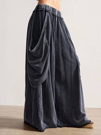 Bohemela Plus Size Autumn Casual Washed Pleated Elastic Waist Loose Wide Leg Pants