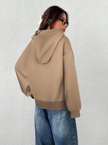 SHEIN EZwear 秋冬女士纯色落肩长袖拉链连帽抽绳宽松休闲运动衫 - 卡其色 - 查看 2