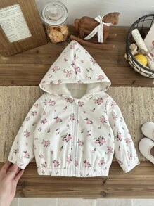 SHEIN Áo khoác trùm đầu lót lông dày dặn cho bé gái với họa tiết hoa dễ thương, áo khoác ngoài ấm áp thường ngày cho mùa thu/đông - trắng - Xem 9