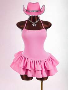 Amplova Women Plus Size Solid Color Double Ruffle Hem Fashionable Halter Neck Dress - Pink - View 7