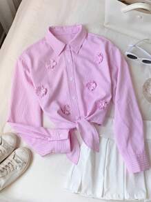 Comfortcana 女式休闲条纹3D花朵装饰系带衬衫